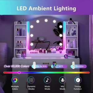 White Makeup Vanity Desk with Mirror and Lights, Large Vanity Table with Charging Station &LED Lights, Makeup Vanity with Lights - Image 2