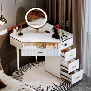 Vanity with Lighted Mirror, Makeup Dressing Table with 4 Drawers, Cabinet and Rotating Mirror, Writing Desk White