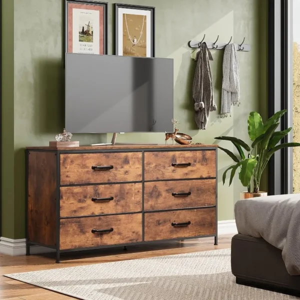 Wide Dresser with 6 Drawers, TV Stand for 50" TV, Entertainment Center with Metal Frame, Wooden Top, Fabric Storage Dresser for - Image 2