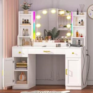 White Makeup Vanity Desk with Mirror and Lights, Large Vanity Table with Charging Station &LED Lights, Makeup Vanity with Lights