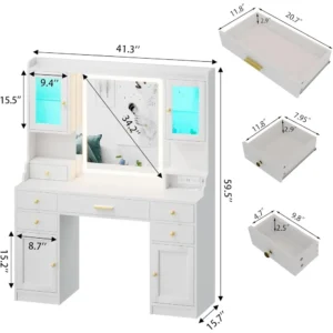 White Vanity Desk with Mirror, Lights and Charging Station - Large Makeup Table Set with RGB Cabinets and 3 LED Light Modes - Image 5