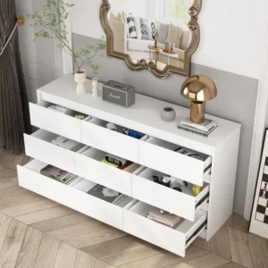 9 White Drawer Dressers, Modern Large Dresser,Wooden Long Dresser with 9 Handle Free Drawers, Storage Chest of Drawers - Image 3