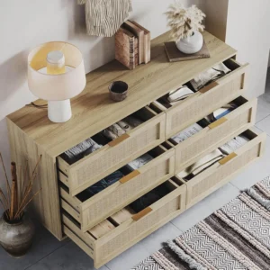Rattan Dresser for Bedroom Furniture 6 Drawer Wood Dresser for Bedroom Boho Dresser Chest of Drawers with Gold Handles - Image 3