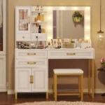 BTHFST Makeup Vanity Desk with Mirror and Lights & Charging Station & Makeup Stool, Vanity Table Set with Glass Top Storage Draw