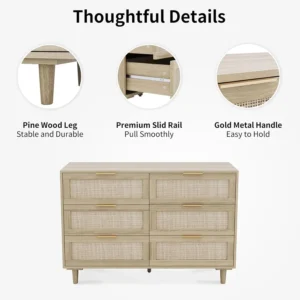 Rattan Dresser for Bedroom Furniture 6 Drawer Wood Dresser for Bedroom Boho Dresser Chest of Drawers with Gold Handles - Image 4