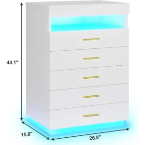 White Dressing Table with LED Lights, 5 Drawers with Pull-Out Tray and Open Space, Modern High Dressing Table - Image 2