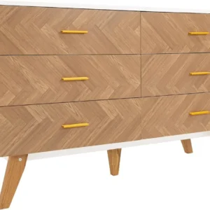 6 Drawer Wood Dresser, Mid Century Modern Double Dresser, Wide Chest of Drawers, Wooden Storage Cabinet for Bedroom, Entryway