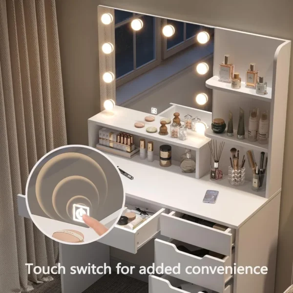 Vanity Desk with LED Lighted Mirror, Makeup Vanity Table Set with 6 Drawers, 3 Color Lighting Modes Brightness Adjustable Hidden - Image 5