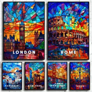 Stained Glass Travel Wall Art Canvas Painting London Rome Santorini New York Posters and Prints Picture Home Room Decor Cuadros