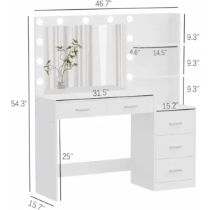 Dressing Table with Illuminated Mirror, Large Dressing Table with Storage Shelves and 5 Drawers, Bedroom Dresser - Image 4