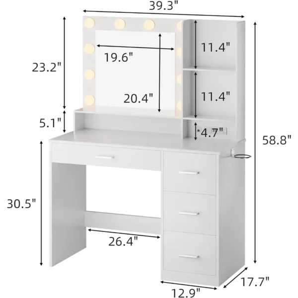 JUMMICO 39.3'' Vanity Desk with LED Lighted Mirror &Power Outlet, Makeup Vanity Table with 4 Large Drawers and 3 Storage Shelves - Image 4