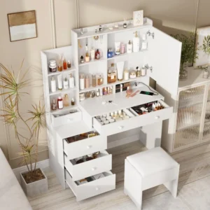 White Vanity Desk Set with Led Mirror,Makeup Vanity Table with Power Strip,Dressing Table with Stool&Lots Drawers,Vanity Mirror - Image 2