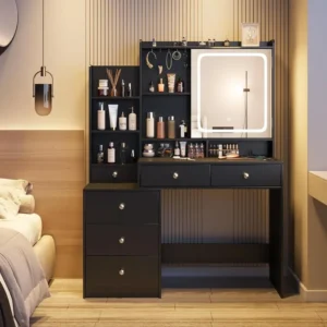 Vanity Desk with Mirror and Lights,Makeup Vanity with 6 Drawers and Shelves,Vanity Table with Power Outlet,Makeup Desk - Image 6