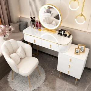 Minimalist Grey Dressing Table Round Mirror Storage Makeup Dressing Table Comfy Chair Pentiadeira De Maquiagem Home Furniture - Image 3
