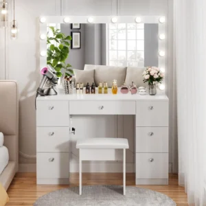 Vanity with Lighted Mirror - Makeup Vanity Desk with Mirror, Power Outlet and Drawers, Dressing Table With Color Lighting Modes - Image 5