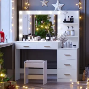 Dressing Table with Illuminated Mirror, Large Dressing Table with Storage Shelves and 5 Drawers, Bedroom Dresser