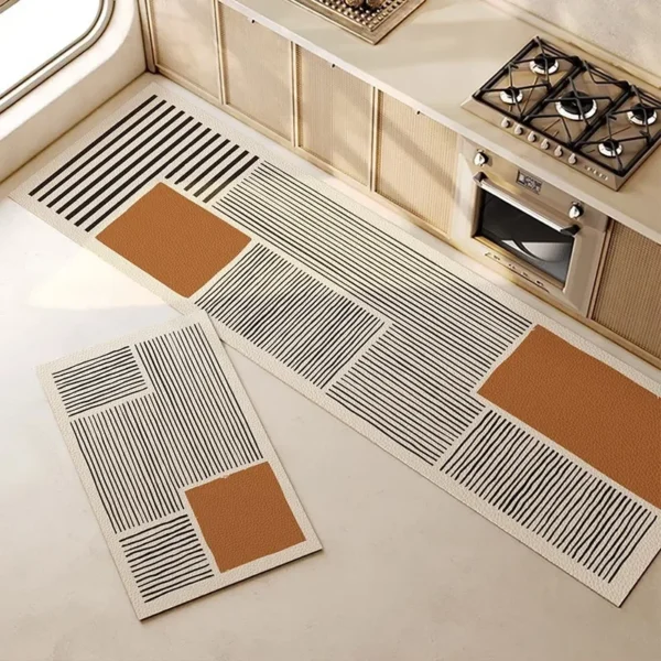 Kitchen Floor Mat PVC Waterproof Anti-slip Vinyl Carpet Leather Oil-proof Foot Mats Japanese Style Home Decoration Brown Rugs - Image 2