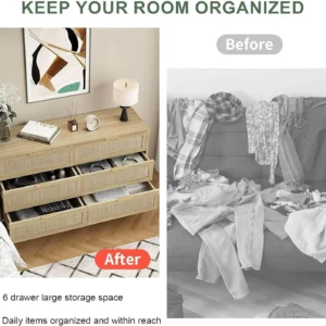 Rattan Dresser for Bedroom Furniture 6 Drawer Wood Dresser for Bedroom Boho Dresser Chest of Drawers with Gold Handles - Image 5