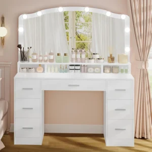 Usikey 43.3" Desk Large Lighted Mirror, Makeup Vanity Table With 7 Drawers &Amp; 10 Lights Bulbs, 3 Lighting Colors,