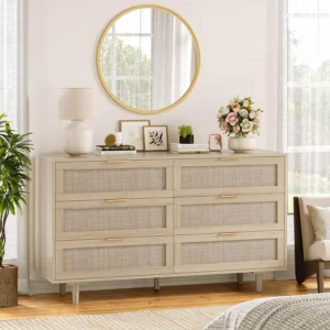 Rattan Dresser for Bedroom Furniture 6 Drawer Wood Dresser for Bedroom Boho Dresser Chest of Drawers with Gold Handles