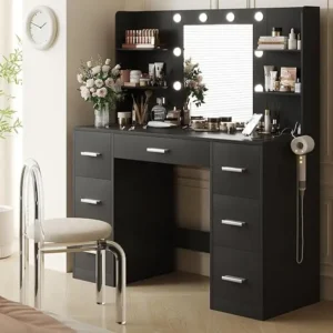 Vanity Desk with Mirror Power Outlet and 10 Lights Makeup Table with 7 Drawers 3 Color Modes Available for Bedroom Black