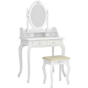 White Vanity Jewelry Makeup Dressing Table Set W/Stool 4 Drawer Mirror Wood Desk - Image 3