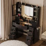 Vanity Desk with LED Lights Mirror and Charging Station, Makeup Vanity Table with Jewelry Armoire, Storage Bench, and 11 Drawers
