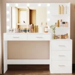46.7" Makeup Vanity Table with Lighted Mirror, Large Vanity Desk with Storage Shelf & 5 Drawers, Bedroom Dressing Table,