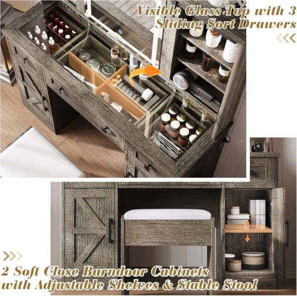 Farmhouse Makeup Vanity Desk with Sliding Mirror and Lights, 47'' Glass Tabletop Vanity Table with Charging Station - Image 6
