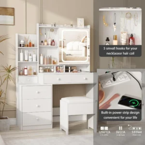 White Vanity Desk Set with Led Mirror,Makeup Vanity Table with Power Strip,Dressing Table with Stool&Lots Drawers,Vanity Mirror - Image 4