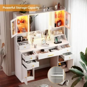 White Vanity Desk with Mirror, Lights and Charging Station - Large Makeup Table Set with RGB Cabinets and 3 LED Light Modes - Image 3