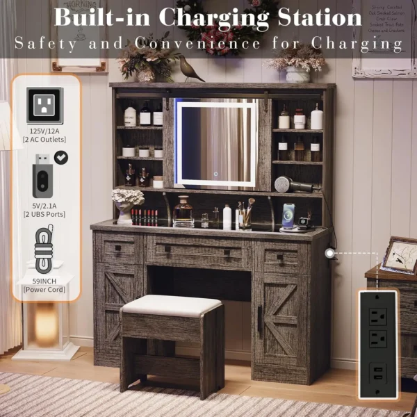 Farmhouse Makeup Vanity Desk with Sliding Mirror and Lights, 47'' Glass Tabletop Vanity Table with Charging Station - Image 4